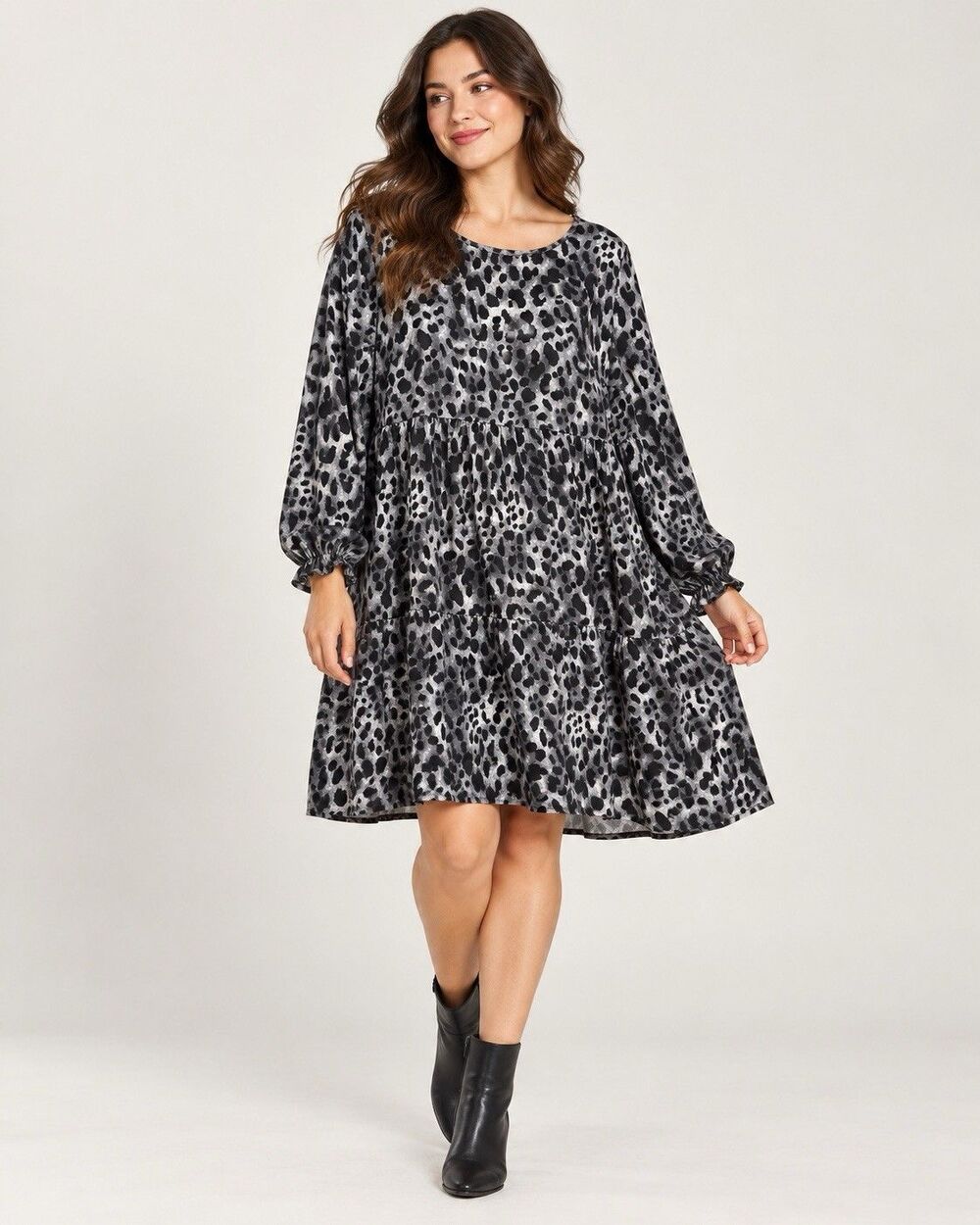 Emery Rose Women L Gray Black Polyester Dress Babydoll Leopard Tiered Ruffle